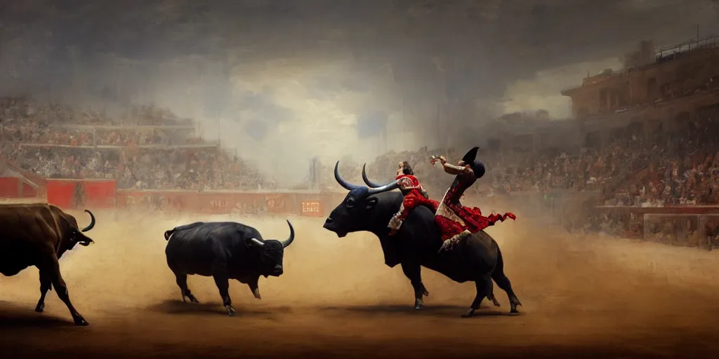 Image similar to a bullfighter fighting a bull in a bullring, mythology, extremely detailed digital painting, in the style of goya and ruan jia and jeremy lipking and peter mohrbacher, mystic colors, edge light, beautiful lighting, 4 k, scene dazzling, ray tracing, octane, trending on artstation