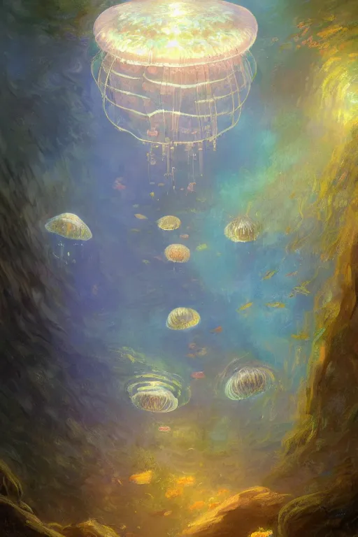 Image similar to a beautiful painting of a cylindrical moon jellyfish tank in an aquarium, ray of light, shimmering and prismatic, rococo, highly detailed, by krenz cushart and monet, trending on artstation.