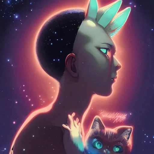 Image similar to A space realistic cat with big and cute eyes, || VERY ANIME, fine-face, realistic shaded perfect face, fine details. Anime. realistic shaded lighting poster by Ilya Kuvshinov katsuhiro otomo ghost-in-the-shell, magali villeneuve, artgerm, Jeremy Lipkin and Michael Garmash, Rob Rey and Kentarõ Miura style, trending on art station