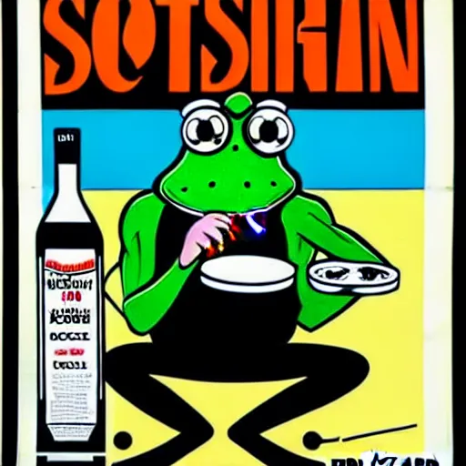 Prompt: A 1980s informational poster from a convention center displaying a frog man in a black cap smoking a cigarette. He is also holding a glass with scotch whiskey. full body, highly detailed, sharp focus, HQ, post grunge, subtle colors.