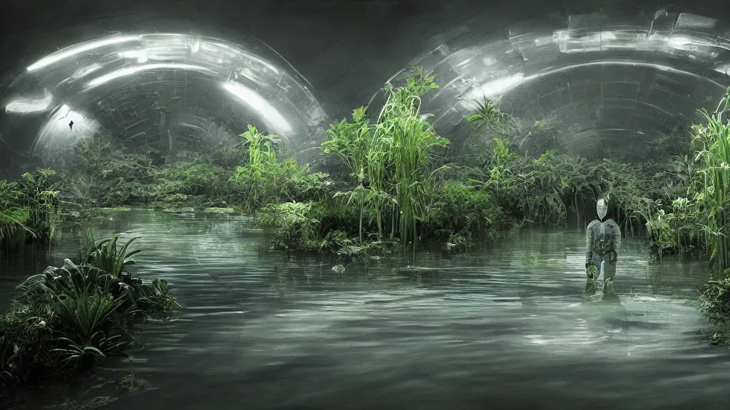 Image similar to Matte Painting of an astronaut in an empty dark flooded ballroom overgrown with aquatic plants, film still from the movie directed by Denis Villeneuve with art direction by Salvador Dalí, wide lens, dark and foreboding.