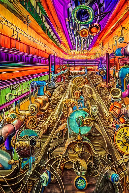 Prompt: beautiful matte colorful steampunk large room filled with steampipes and valves by alex grey