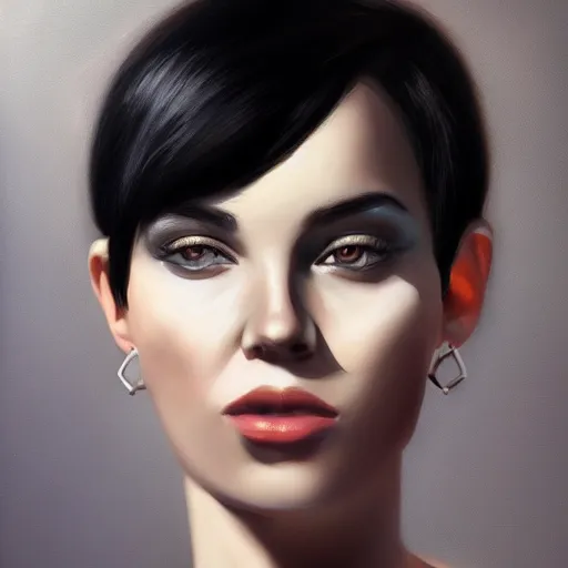 Image similar to portrait of beautiful woman, black short hair, by nick silva, ja mong, greg rutkowsky, digital, soft painting, photorealism