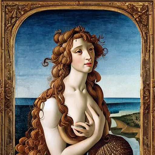 Prompt: an hyperrealistic mythological oil painting of venus with long curly brown hair, full body, wearing floral dress, sleeping in a giant scallop shell, near the seashore, intricate, elegant, renaissance style, by sandro botticelli -