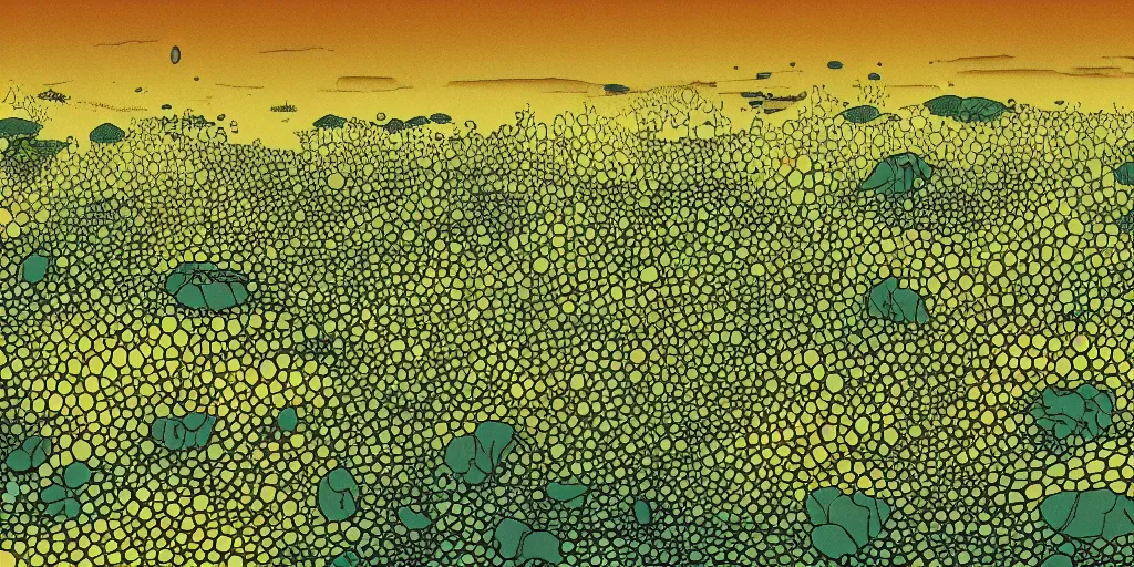 Image similar to Artwork of the Cinematic view of a diatoms forest by Hergé, Trending on artstation