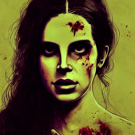 Image similar to color head portrait of lana del rey as a zombie with soft, 7 days to die zombie, gritty background, fine art, award winning, intricate, elegant, sharp focus, cinematic lighting, digital painting, 8 k concept art, art by michael hussar, art by brom, art by guweiz and z. w. gu, 8 k