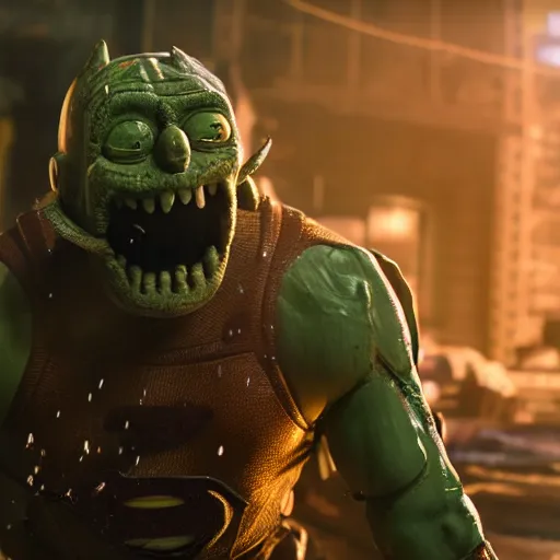 Image similar to pickle rick as superman flying in ( gears of war ), splash art, movie still, detailed face, photorealistic facial features, cinematic lighting, dramatic, octane render, long lens, shallow depth of field, bokeh, anamorphic lens flare, 8 k, hyper detailed, 3 5 mm film grain