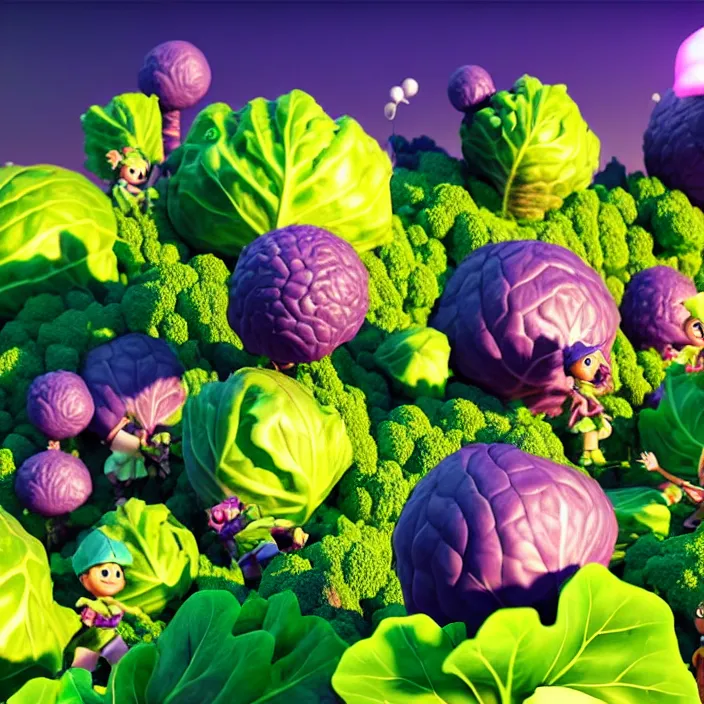 Prompt: high quality 3 d render very cute cabbages party! highly detailed, unreal engine cinematic smooth, moody purple glow light, low angle, uhd 8 k, sharp focus
