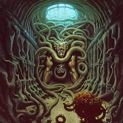 Image similar to encounter with medusa gorgon in a dungeon, d & d, fantasy, greg rutkowski, frank frazetta, alexandre chaudret, boris vallejo, michael whelan, miro petrov, hr giger, magali villeneuve, donato giancola