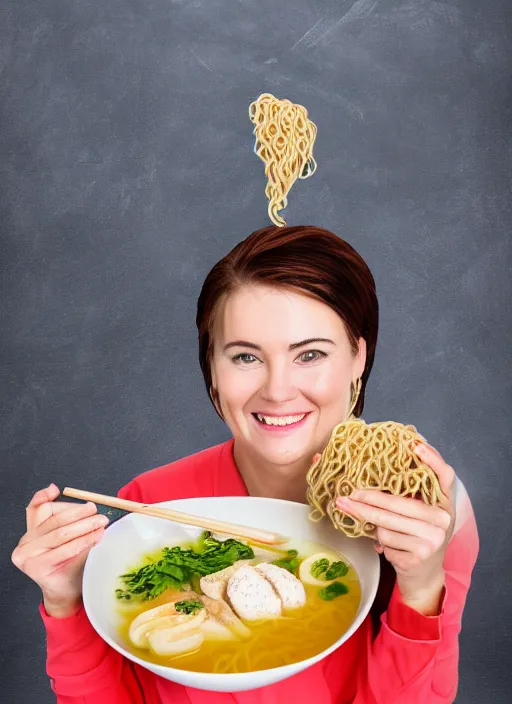 Prompt: teacher with ramen for hair, 4 k, 8 k, portrait