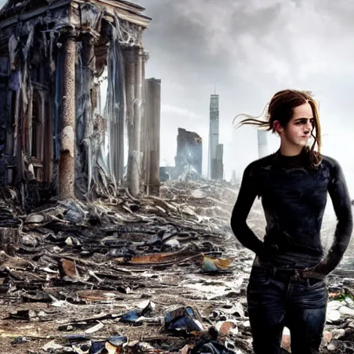 Image similar to concerned and tired emma watson in shredded dirty clothes rags, in the ruins of civilization after the apocalypse, looming city ruins backdrop, hd photo, high detail