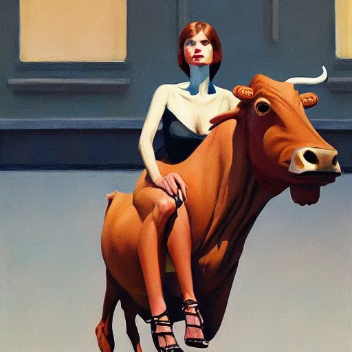 Image similar to A woman with tight dress riding a cow, very coherent, painted by Edward Hopper, Wayne Barlowe, painted by James Gilleard, airbrush, art by JamesJean