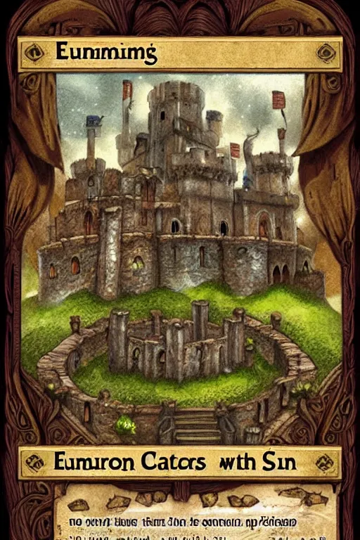 Prompt: dominion eurogame card showing a rustic castle. fantasy deviantart