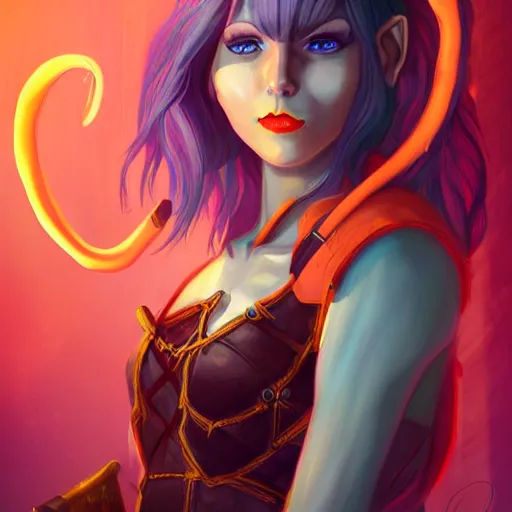 Image similar to illustrated portrait of youthful female feminine horned tiefling female bard with long blue bob cut hairstyle, her skin is orange and tanned, and her eyes are pure black orbs, and she is wearing colorful leather armor by rossdraws,