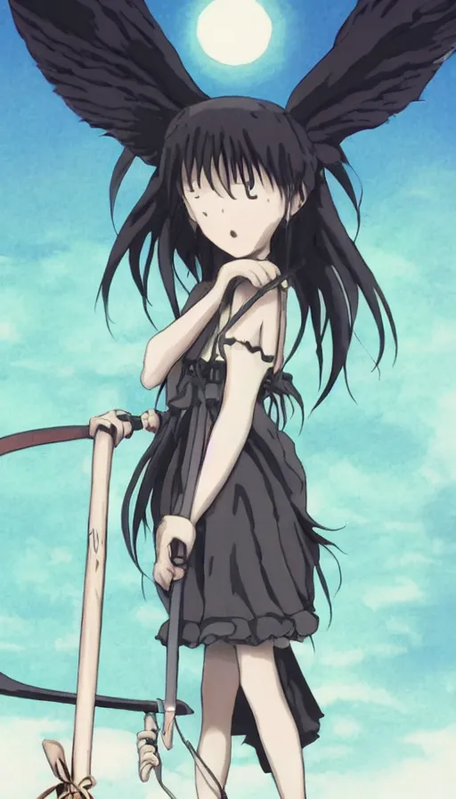 Image similar to the being death as a cute anime girl with a giant cute scythe from a studio ghibli film inspired by the death tarot card, dark ambiance