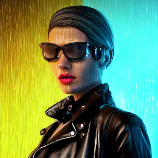 Image similar to stylish woman cartoon portrait made out of rain, leather jacket, cyberpunk background, rendered in octane, unreal engine, highly detailed, trending on artstation, realistic, splashes of neon, beautiful