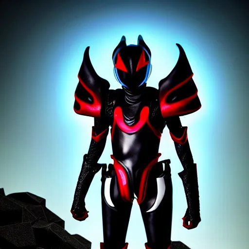 Prompt: High Fantasy Kamen Rider walking in a rock quarry away from a cyberpunk city, single character full body, 4k, glowing eyes, daytime, rubber undersuit, dark blue with red secondary color dragon inspired segmented armor made out of pvc, tokusatsu, promotional image, rocky landscape, ultra realistic, vibrant colors, Fabian Wagner Cinematography