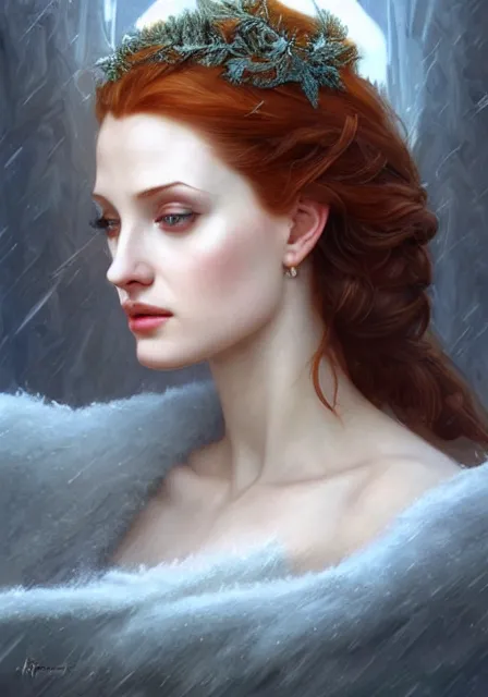 Prompt: sansa angeline jolie gessica chastain cold frozen snow ice winter, intricate, elegant, highly detailed, digital painting, artstation, concept art, smooth, sharp focus, illustration, art by artgerm and greg rutkowski and alphonse mucha and william - adolphe bouguereau