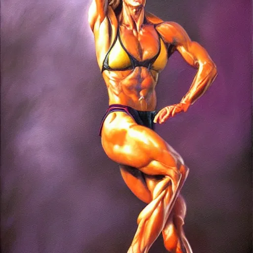 Image similar to fitness model kristen nun as painted by boris vallejo and julie bell, oil on canvas