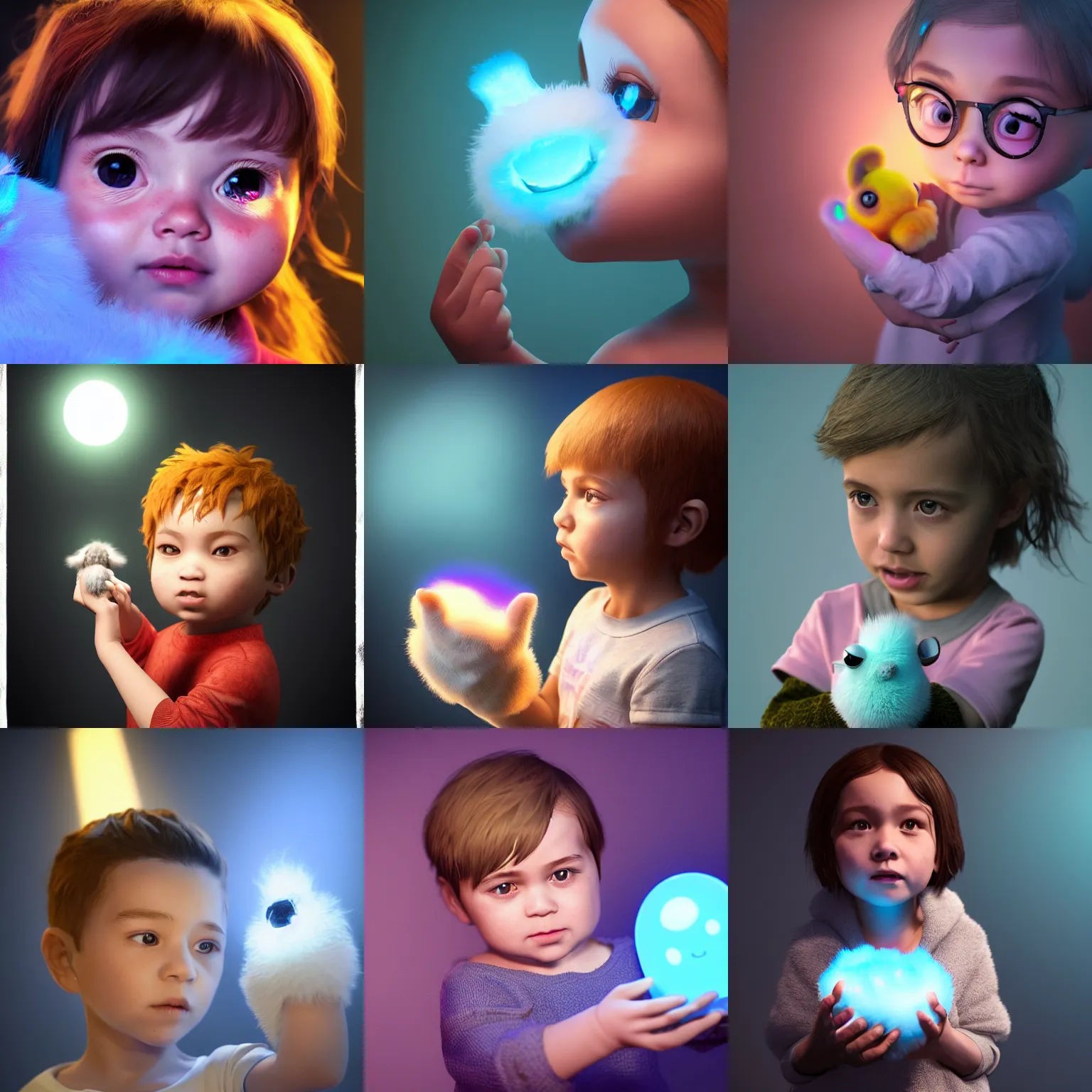 Prompt: ultra-realistic ultra-detailed adorable child holding a fluffy bioluminiscent creature in the style of nick silva, artstation, instagram, toy room, DOF, soft lighting, unreal engine render