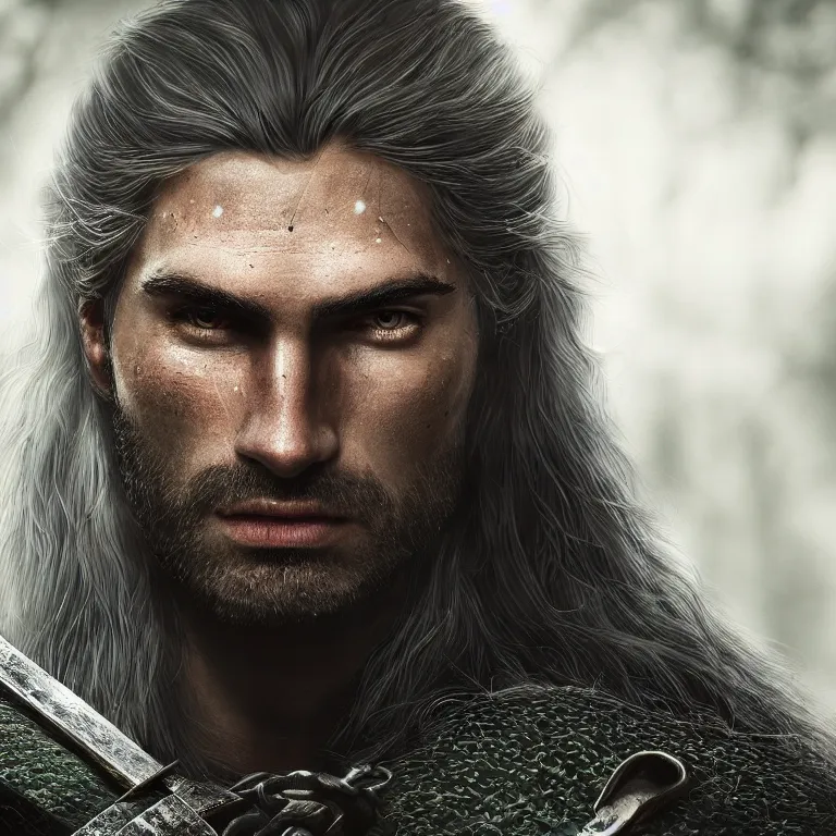 Image similar to closeup portrait photo of a male warrior, in a forest, witcher style, elegant, highly detailed, centered, digital painting, smooth, sharp focus, 8 k. lifelike. soft light. nikon d 8 5 0. cinematic post - processing