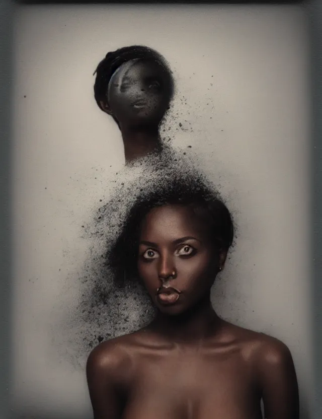 Image similar to conceptual polaroid photo with flash, portrait of a dark skin woman model in top with smokey eyes, polaroid photo bleached strong lights, kodak film stock, hyper real, stunning moody cinematography, with anamorphic lenses, by maripol, detailed