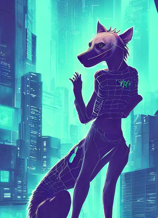 Image similar to beautiful portrait commission of a female furry anthro hyena fursona wearing skater clothes. Cyberpunk city at night in the rain. Neon light. Atmospheric. Character design by charlie bowater, ross tran, artgerm, and makoto shinkai, detailed, inked, western comic book art