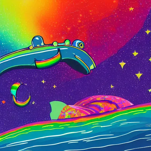 Prompt: a picture of the loch ness monster flying in space wearing rainbow colored slotted shapes, psychedelic, absurdism, ultrawide angle, stars in space, 4 k, artstation