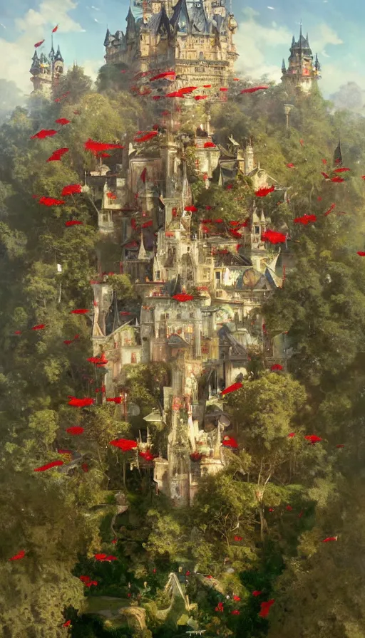 Image similar to castle seen from the sky being attacked by huge red army, cyberpunk, design on white background, beautiful details, lush foliage, drawn by john singer sargent, tom bagshaw, norman rockwell, alphonso mucha, lolish, trending on artstation