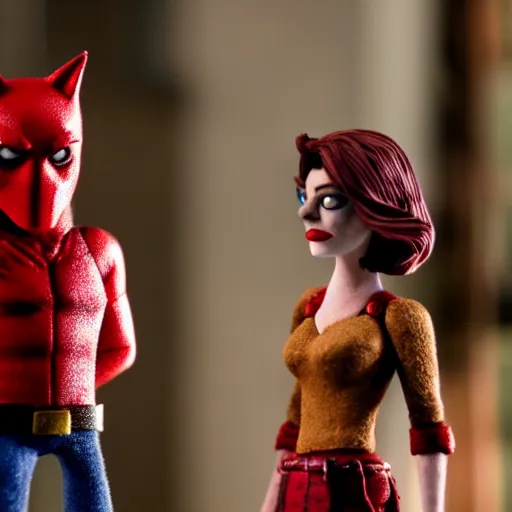 Image similar to a cinematic film still of a claymation stop motion film starring emma stone as red hood and andrew garfield as wolf, brunette hair, shallow depth of field, 8 0 mm, f 1. 8