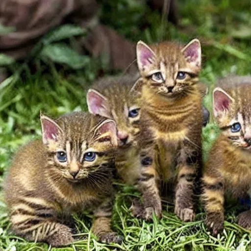 Image similar to a platoon of Vietnam era war kittens holding rifles.