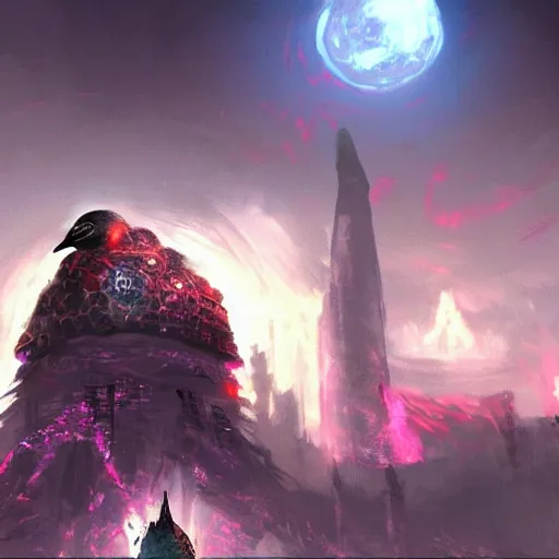 Prompt: penguin with red glowing eyes in the foreground, eternal necropolis tower in the background, guild wars 2 art style