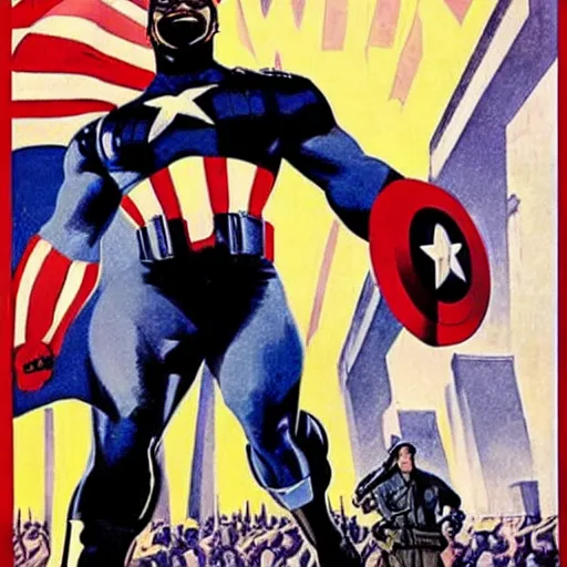 Prompt: black captain america. supersoldier serum wwii american propaganda poster by james gurney