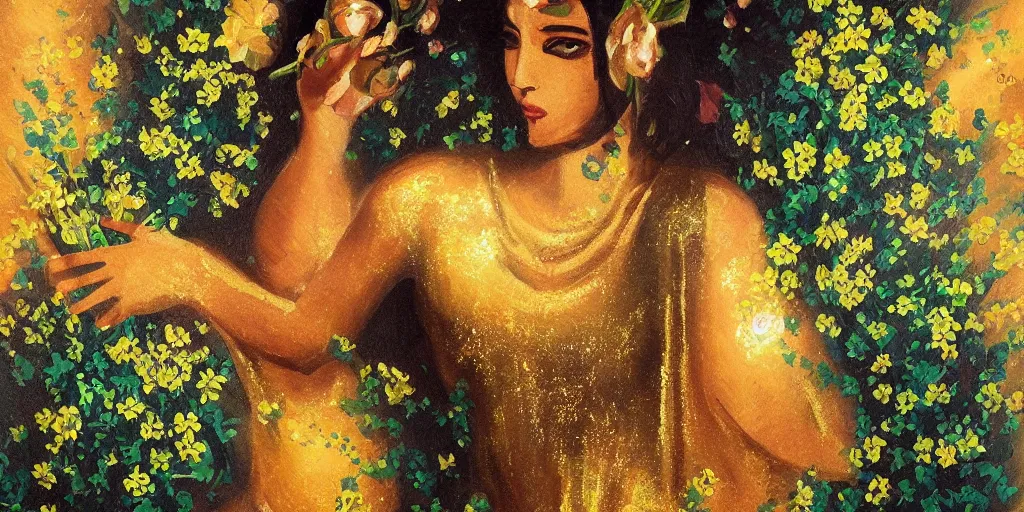 Prompt: a painting of a goddess with short black hair and green eyes with a metallic golden skirt holding flowers. star lit sky, ultra realistic.