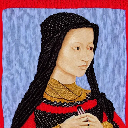 Prompt: nicki minaj knitting a sweater, medieval portrait, close up, highly detailed
