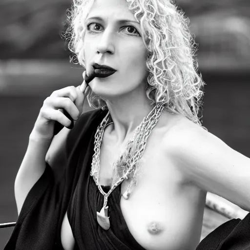 Image similar to a blonde woman leaning over the railing of a ship, a beautiful english woman with a long face narrow nose pale skin blue eyes red lips and wild messy tangles of curly white blonde hair, high resolution film still wearing a black robe and skull necklace and holding a spear, sandy, a journey to the west