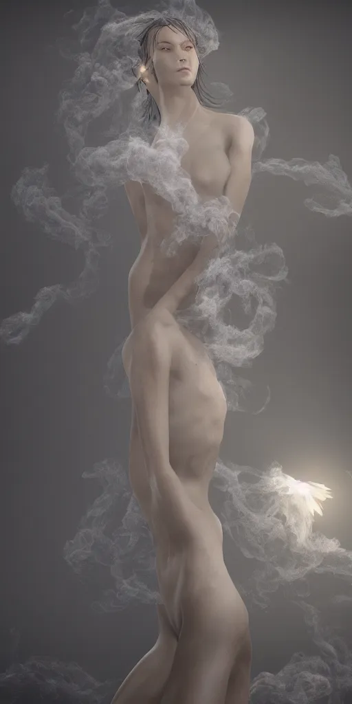 Prompt: a radiant goddess with many arms obscured by wisps of smoke and dust particles, fluid simulation, particle simulation, ephemeral, highly detailed, hyperrealism, octane render