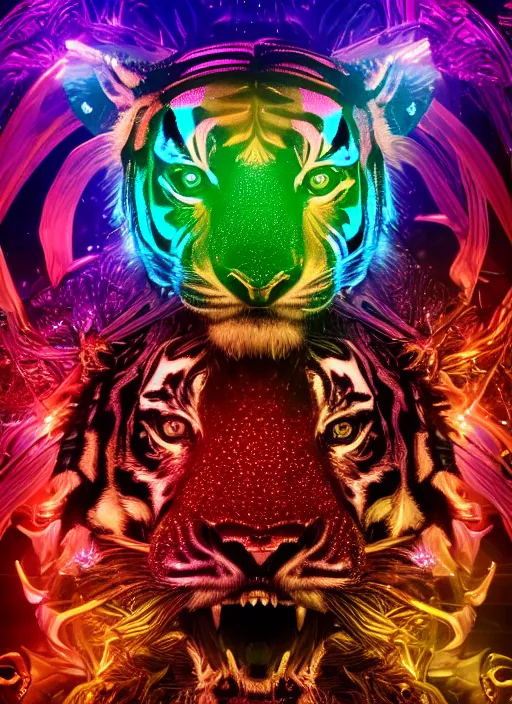 Image similar to photo of baroque and bladerunner delicate neon emerald sculpture of seductive king william levy tigers orange iridescent humanoid deity wearing metallic jungle leaves holding the sun prismatic dungeon, glowing rainbow face, crown of white diamonds, cinematic lighting, photorealistic, octane render 8 k depth of field 3 d