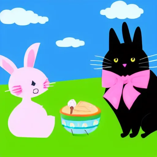 Prompt: A black cat cat and a rabbit having a picnic, the rabbit has pink fur.