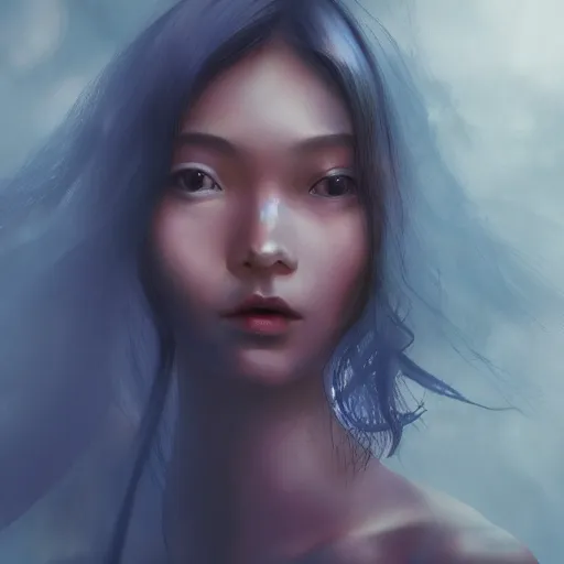 Prompt: a thin, pretty young Filipino woman with long hair floats in a dreamy world, her face in shadow, long shot, very beautiful, inspiring, dramatic lighting, abstract digital art, trending on artstation