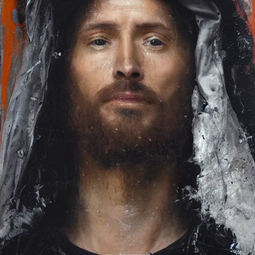 Image similar to a face portrait of modern - day jesus wearing hat and hoodie by nicola samori, hat and hoodie, detailed, oil painting, hyper - realistic, 8 k, yeezy collection