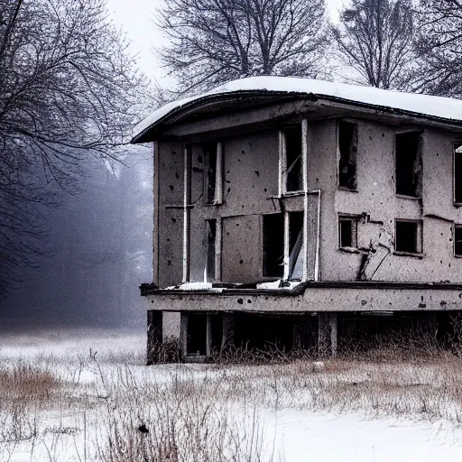 Prompt: landscape with brutalistic soviet architecture style abandoned lifeless house, near foggy forest, dark winter evening, snowing, strong, blizzard, atmospheric, mystical, very detailed 4 k, professional photography