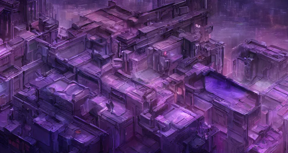 Prompt: Sci-fi wallpaper of an alley in a desert city, view from the top, purple color-theme, cinematic, science-fiction art wallpaper, stunning digital art