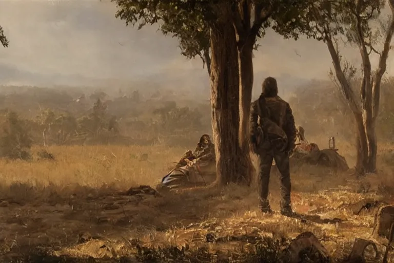Prompt: the last man alive, wide shot, romantic painting