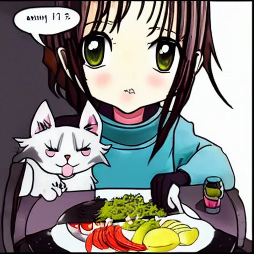 Prompt: cute girl eating a cat in anime style
