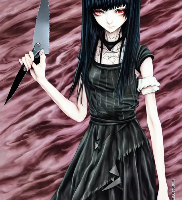 Prompt: portrait of a morbid 18 year old young woman wearing a grunge aesthetic dress with straight silky black hair, in a butcher shop, queen of sharp razorblades holds a single individual razerblade her hand and shows it to the user, in the style of Range Murata and by Katsuhiro Otomo.