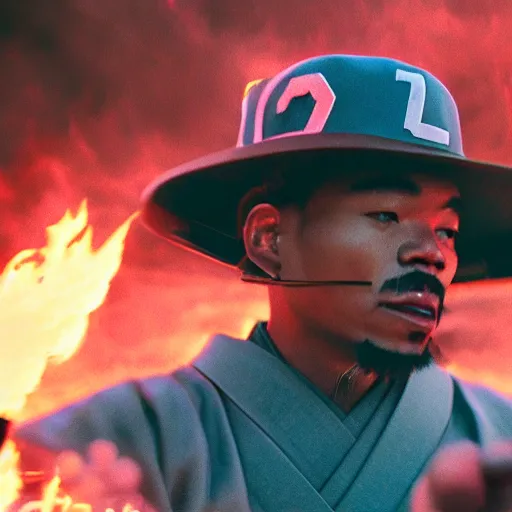 Image similar to cinematic film still of Chance The Rapper starring as a Samurai holding fire, Japanese CGI, VFX, 2022, 40mm lens, shallow depth of field, film photography