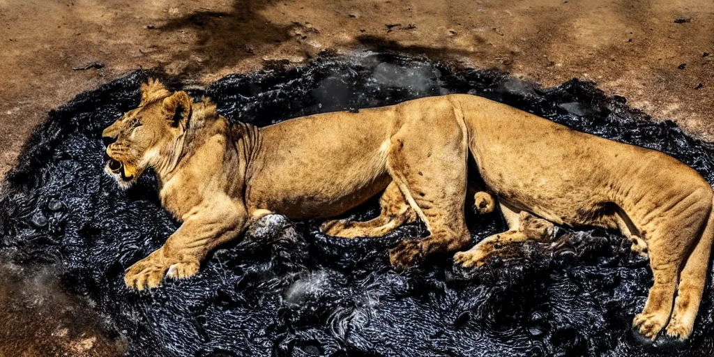 Image similar to a black lioness, made of ferrofluid, bathing inside the lake of tar, full of goo, covered with ferrofluid. dslr, photography, realism, animal photography, color, savanna, wildlife photography