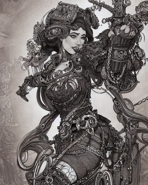 Image similar to lady mechanika, comic, intricate linework, detailed and intricate environment, artstation, trending, beautiful, highly detailed, focus, smooth, by joe benitez