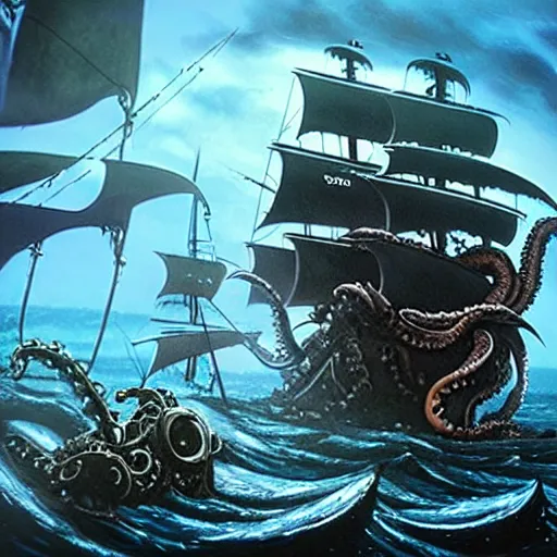 Prompt: kraken destroying the pirate ship in the bloody waters